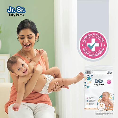 Jr. Sr. Baby Diaper Pants | Medium (M) Size (7-12 kg), 72 Count | Pack of 1 | Upto 12 hr Absorption with Advanced Leak Protection | Safe For Babies Skin | Soft, Secure & Comfy - Image 2