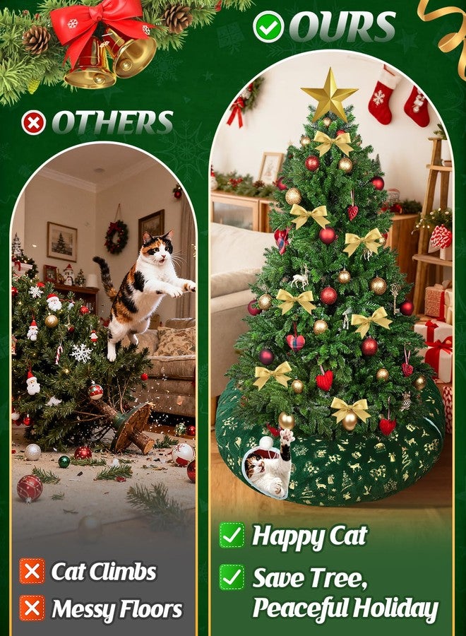 Beeplove Cat Tunnel Christmas Tree Skirt - Green & Golden Cat Donut Bed, Christmas Tree Protector from Cats, Xmas Cat Gifts Accessories - Image 2
