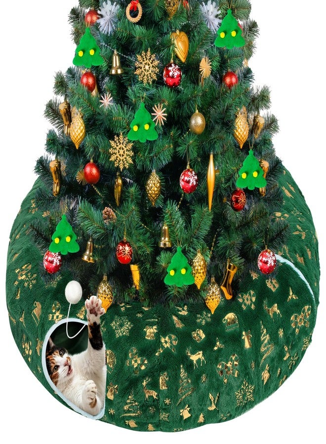 Beeplove Cat Tunnel Christmas Tree Skirt - Green & Golden Cat Donut Bed, Christmas Tree Protector from Cats, Xmas Cat Gifts Accessories - Image 1