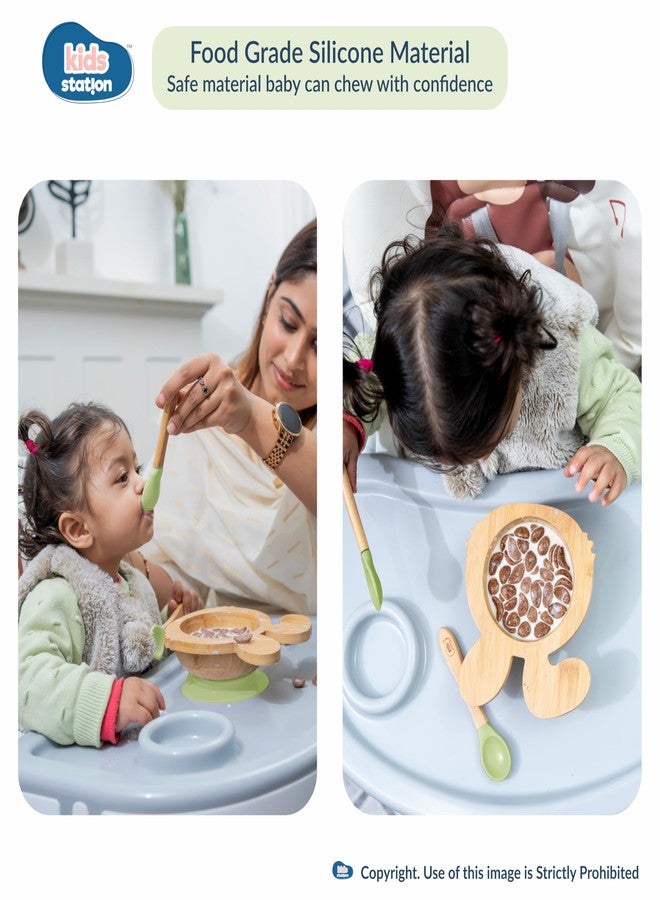 وعاء طعام خشبي للأطفال على شكل أرنب مع ملعقة - أخضر | طقم أدوات مائدة صديق للبيئة للأطفال (قطعتان، أخضر) - Image 3