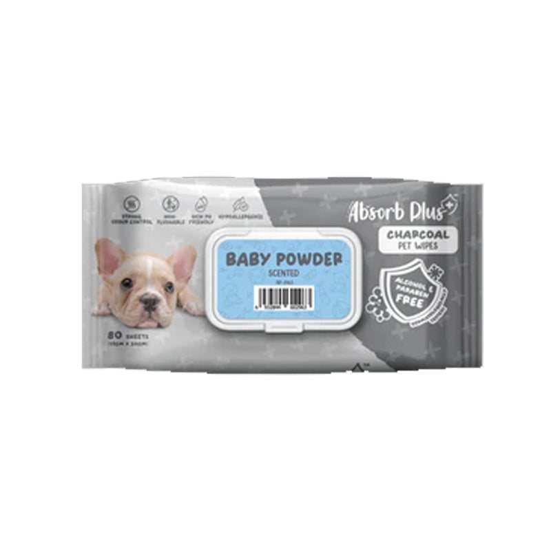 Absolute Pet Absorb Plus Charcoal Pet Baby Powder Wipes, 80 Sheets