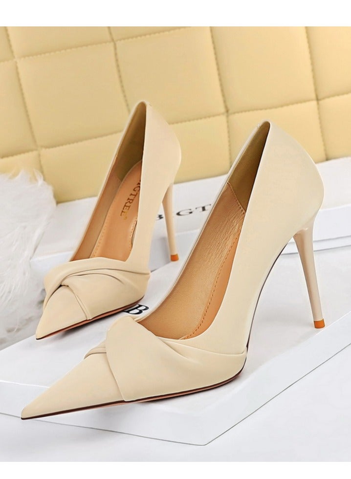 BIGTREE 10cm Korean Elegant Banquet High Heels Pedicure Slimming Shallow Mouth Pointy Bow Beige - Image 1