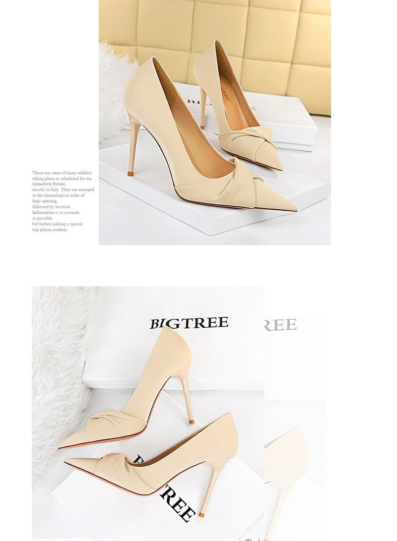 BIGTREE 10cm Korean Elegant Banquet High Heels Pedicure Slimming Shallow Mouth Pointy Bow Beige - Image 3