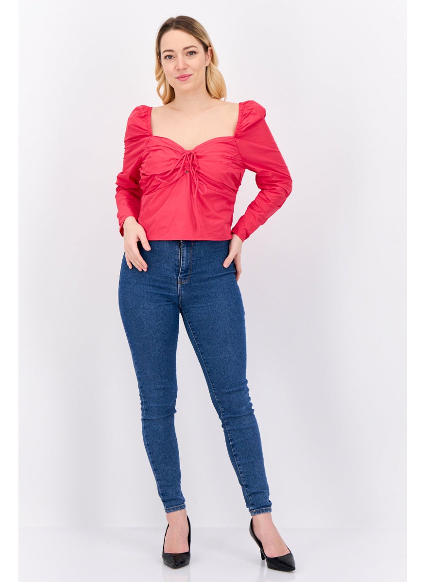 MANGO Women Sweatheart Neckline Long Sleeves Solid Crop Top, Pink  - Image 4