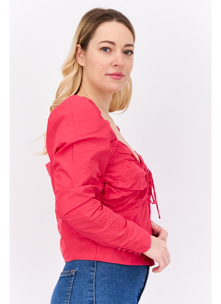 MANGO Women Sweatheart Neckline Long Sleeves Solid Crop Top, Pink  - Image 2