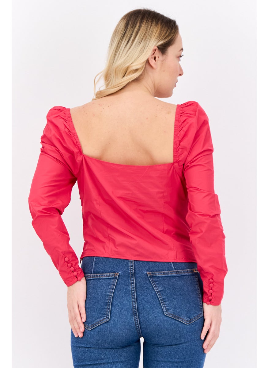 MANGO Women Sweatheart Neckline Long Sleeves Solid Crop Top, Pink  - Image 3