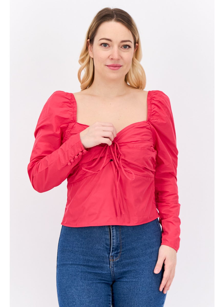 MANGO Women Sweatheart Neckline Long Sleeves Solid Crop Top, Pink  - Image 1