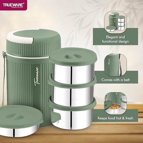 Trueware Plastic Grub 4 Double Wall Insulated Hot Lunch Box With 3 Ss Container 300 Ml Each & 1 Ss Container 200Ml | Bpa Free | Food Grade | Hot And Fresh Many Hours (Extra Large, Green) - Image 4