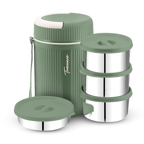 Trueware Plastic Grub 4 Double Wall Insulated Hot Lunch Box With 3 Ss Container 300 Ml Each & 1 Ss Container 200Ml | Bpa Free | Food Grade | Hot And Fresh Many Hours (Extra Large, Green) - Image 1