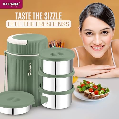 Trueware Plastic Grub 4 Double Wall Insulated Hot Lunch Box With 3 Ss Container 300 Ml Each & 1 Ss Container 200Ml | Bpa Free | Food Grade | Hot And Fresh Many Hours (Extra Large, Green) - Image 2