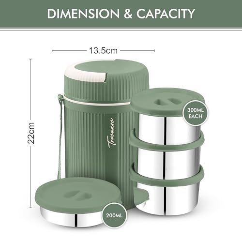 Trueware Plastic Grub 4 Double Wall Insulated Hot Lunch Box With 3 Ss Container 300 Ml Each & 1 Ss Container 200Ml | Bpa Free | Food Grade | Hot And Fresh Many Hours (Extra Large, Green) - Image 3