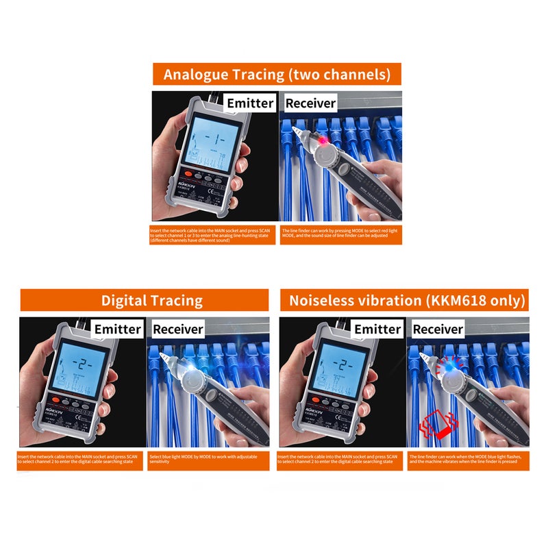 مُحسِّس الأسلاك المحمول المحمول KKM618 مع شاشة LCD لعرض التناظرية والرقمية، اختبار الشبكة POE، ربط أزواج الأسلاك، تعديل الحساسية، قياس طول سلك الشبكة، ومسح العوائق والحركات المفتوحة - Image 3