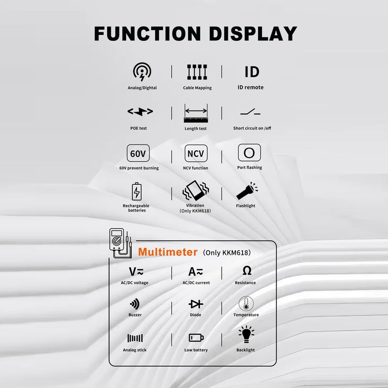 مُحسِّس الأسلاك المحمول المحمول KKM618 مع شاشة LCD لعرض التناظرية والرقمية، اختبار الشبكة POE، ربط أزواج الأسلاك، تعديل الحساسية، قياس طول سلك الشبكة، ومسح العوائق والحركات المفتوحة - Image 2
