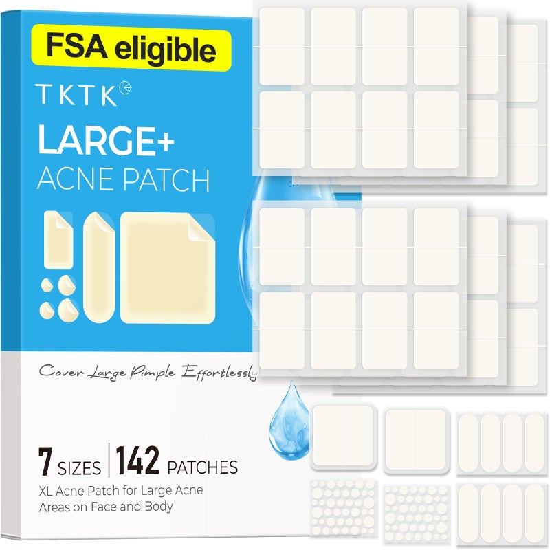 TKTK Large Pimple Patches for Face, 7 Sizes Big Acne Patches, FSA Eligible XL Hydrocolloid Bandages for Body, Chin, Forehead, Nose, Blemish Zit Breakouts, Hydrocolloid Patch (Square, Strip, Dot 142 Count) - Image 1