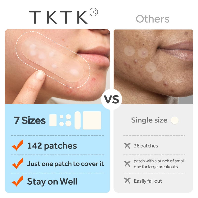 TKTK Large Pimple Patches for Face, 7 Sizes Big Acne Patches, FSA Eligible XL Hydrocolloid Bandages for Body, Chin, Forehead, Nose, Blemish Zit Breakouts, Hydrocolloid Patch (Square, Strip, Dot 142 Count) - Image 5