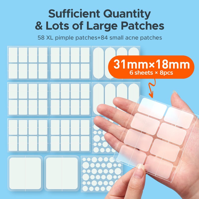 TKTK Large Pimple Patches for Face, 7 Sizes Big Acne Patches, FSA Eligible XL Hydrocolloid Bandages for Body, Chin, Forehead, Nose, Blemish Zit Breakouts, Hydrocolloid Patch (Square, Strip, Dot 142 Count) - Image 2