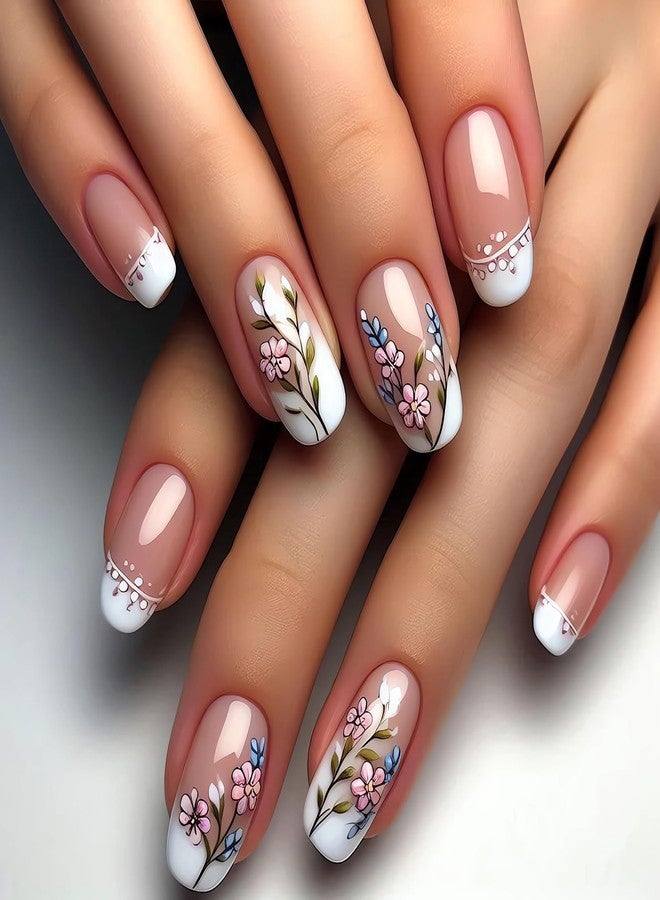 SINSEN Spring Floral Press on Nails Glossy Pink, Medium Square Shape Full Cover Fake Nails, Acrylic False Nails Design with Flowers, 24 Pcs French Tip Stick on Nails Art Decoration for Women&Girls - Image 1
