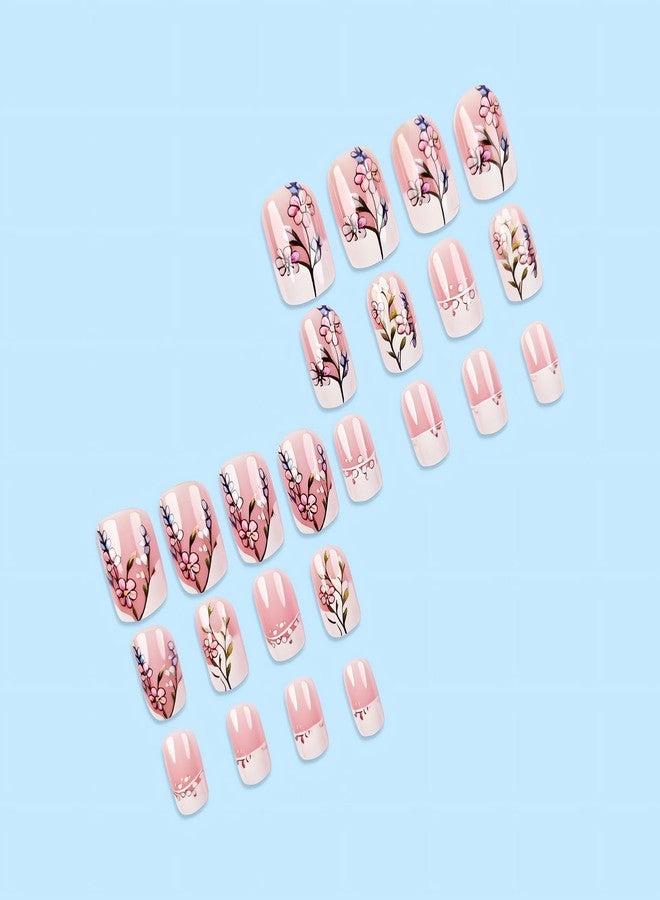 SINSEN Spring Floral Press on Nails Glossy Pink, Medium Square Shape Full Cover Fake Nails, Acrylic False Nails Design with Flowers, 24 Pcs French Tip Stick on Nails Art Decoration for Women&Girls - Image 4