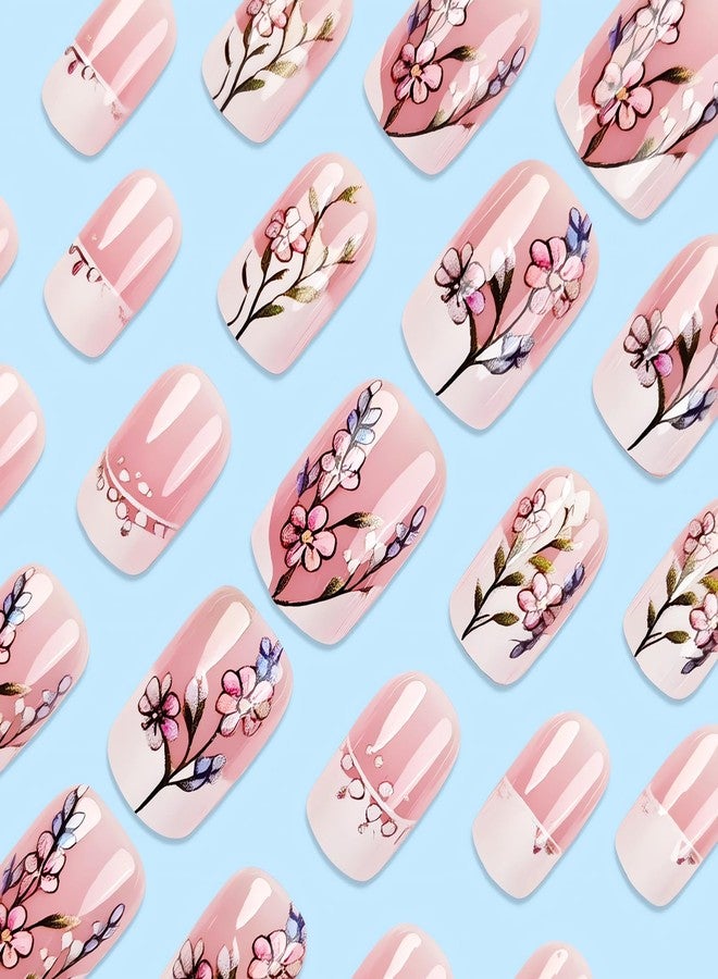 SINSEN Spring Floral Press on Nails Glossy Pink, Medium Square Shape Full Cover Fake Nails, Acrylic False Nails Design with Flowers, 24 Pcs French Tip Stick on Nails Art Decoration for Women&Girls - Image 3