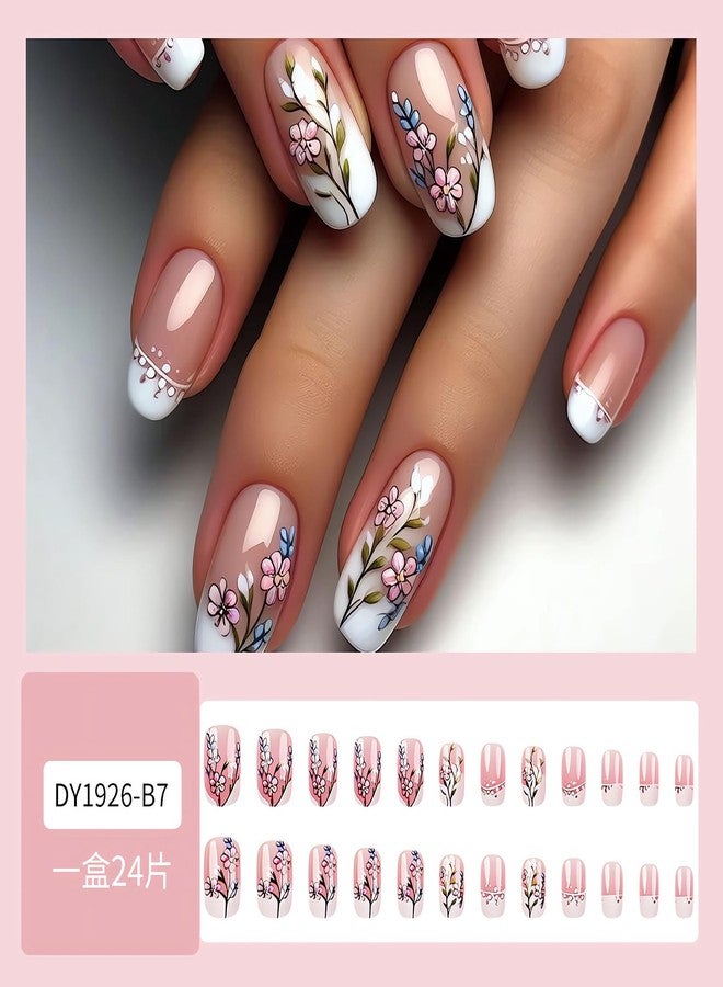 SINSEN Spring Floral Press on Nails Glossy Pink, Medium Square Shape Full Cover Fake Nails, Acrylic False Nails Design with Flowers, 24 Pcs French Tip Stick on Nails Art Decoration for Women&Girls - Image 2