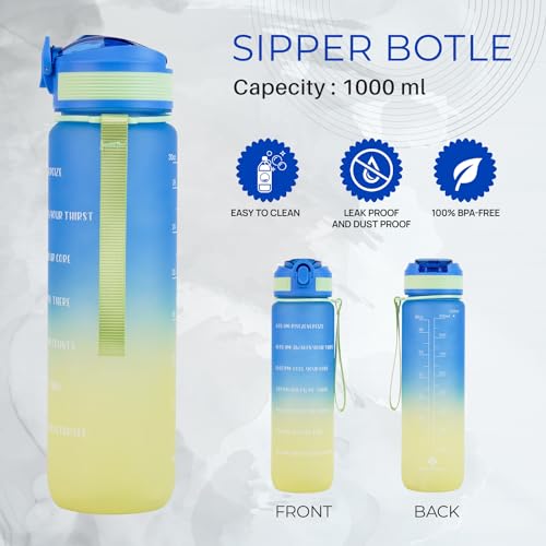 SKYTONE Water Bottle 1 Litre with Motivational Time Marker For Adults, Non-Toxic Water bottle for office, Water bottle for gym, Running Sports Water Bottle (1L SAPPHIRE BLACK) (Blue) - Image 2