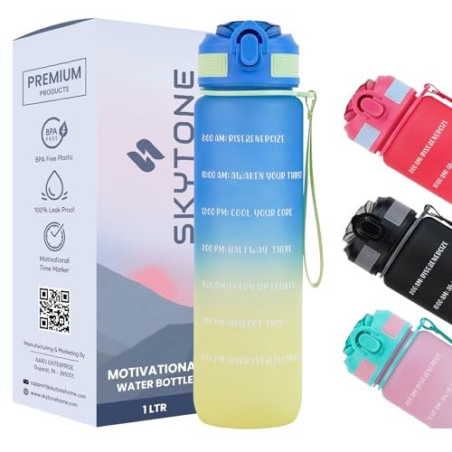 SKYTONE Water Bottle 1 Litre with Motivational Time Marker For Adults, Non-Toxic Water bottle for office, Water bottle for gym, Running Sports Water Bottle (1L SAPPHIRE BLACK) (Blue) - Image 1