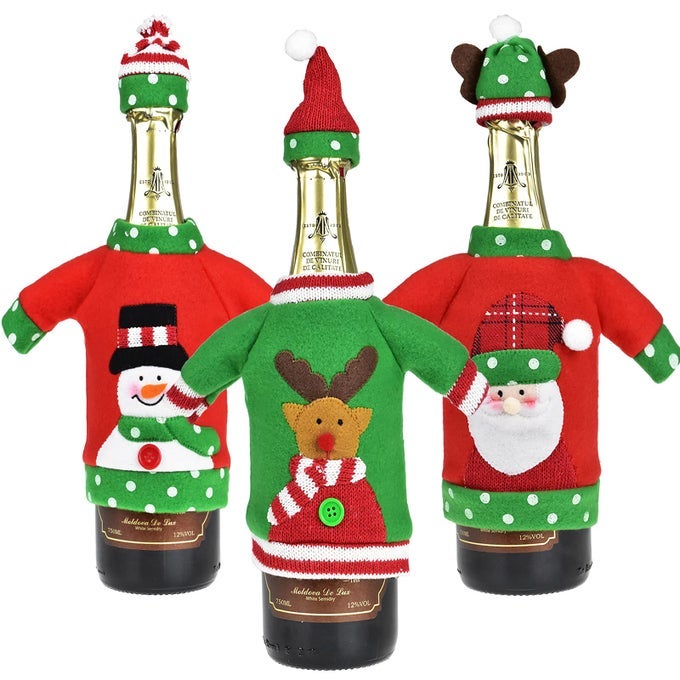CHRISTMAS WINE BOTTLE COVER HANDMADE SWEATER SANTA CLAUS SNOWMAN REINDEER WINE BOTTLE COVERS WITH HAT FOR XMAS NEW YEAR PARTY TABLE CENTERPIECES DECORATION SET OF 3