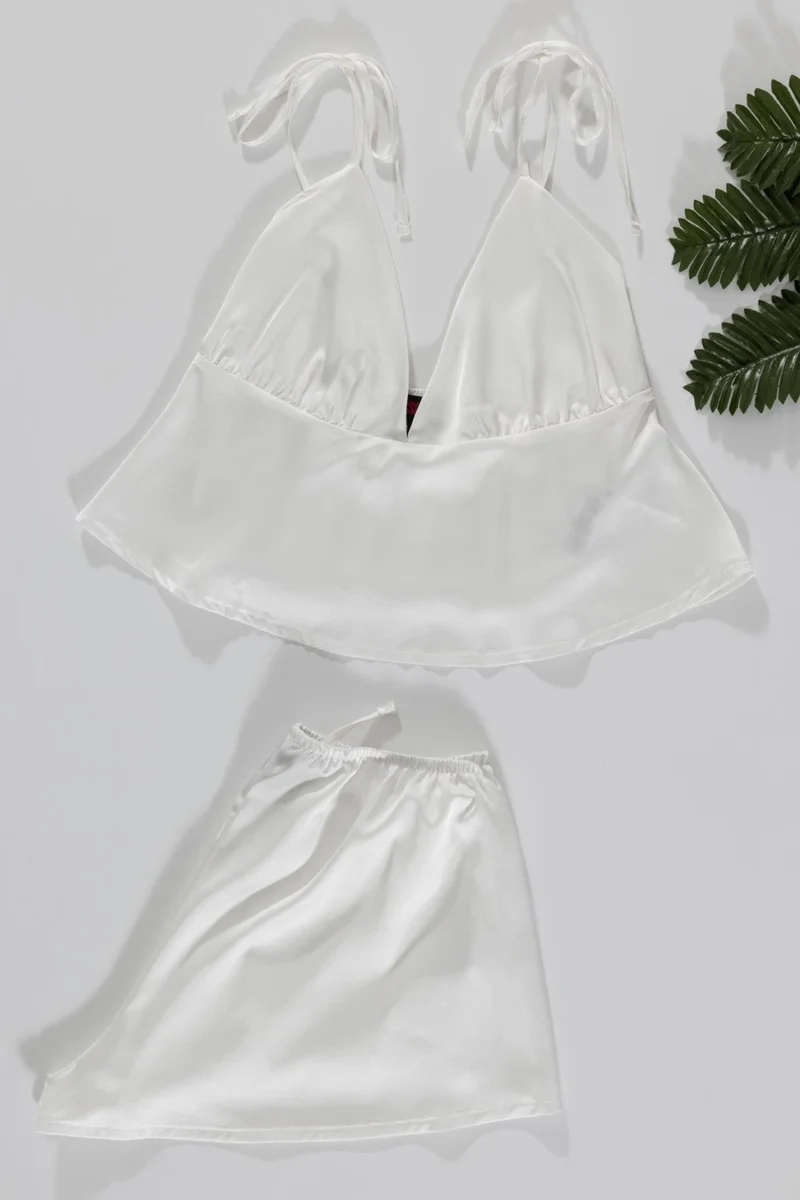 فور يو سليبوير Ecru Athlete Shorts Set with Shoulder Tie
