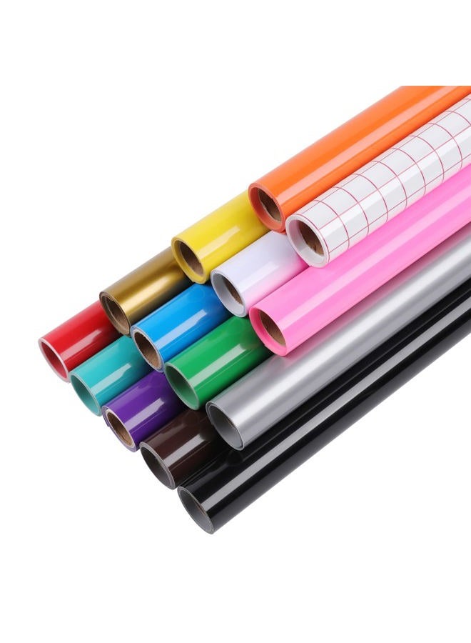 HTVRONT Permanent Vinyl for Cricut - 13Pack Multi-Colors Permanent Adhesive Vinyl Rolls, 12" x 3 ft Craft Adhesive Vinyl for Cricut +1 Transfer Tape for Vinyl, Silhouette, Cameo Cutters - Image 1
