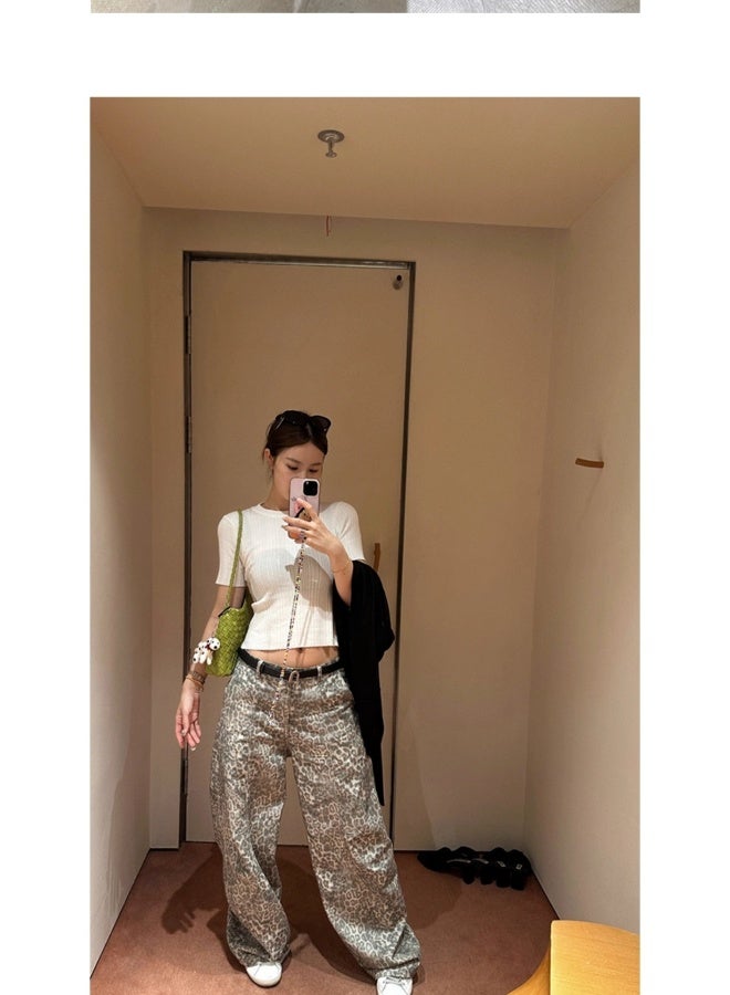Madam Uniq European and American Design Loose High-Waisted Straight Leopard Print Pants - Image 3