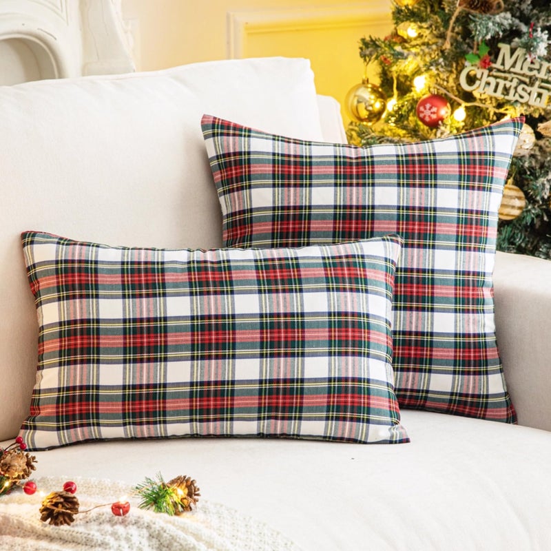 AQOTHES Pack of 2 Christmas Plaid Decorative Throw Pillow Covers Scottish Tartan Cushion Case for Farmhouse Home Holiday Decor Red and White  20 x 20 Inches - Image 2
