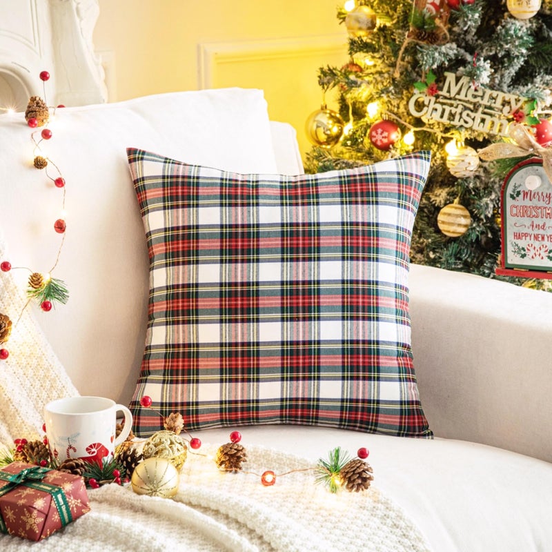 AQOTHES Pack of 2 Christmas Plaid Decorative Throw Pillow Covers Scottish Tartan Cushion Case for Farmhouse Home Holiday Decor Red and White  20 x 20 Inches - Image 3