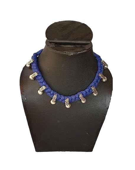 athizay Collar Necklace for Women Ethnic Jewelry Thread Choker Embellished with Pearl like Silver Beads Handcrafted by Indian Artisans Blue Silver - Image 2
