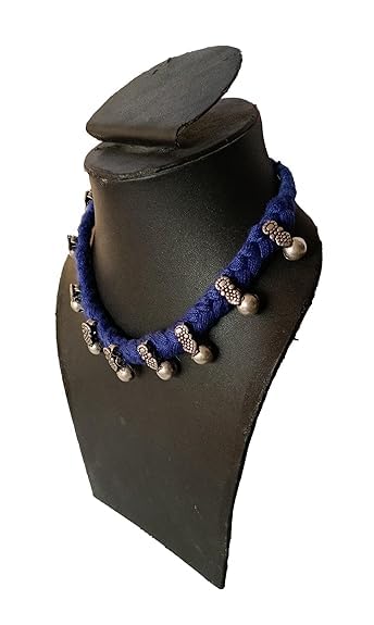 athizay Collar Necklace for Women Ethnic Jewelry Thread Choker Embellished with Pearl like Silver Beads Handcrafted by Indian Artisans Blue Silver - Image 4