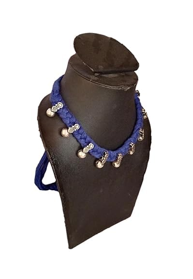 athizay Collar Necklace for Women Ethnic Jewelry Thread Choker Embellished with Pearl like Silver Beads Handcrafted by Indian Artisans Blue Silver - Image 3