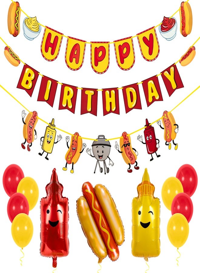 Pirese Hot Dog Birthday Decorations, Hot Dog Party Decorations with Pre-Strung Happy Birthday Banner, Hot Dog Balloons, Picnic BBQ Birthday Party Supplies, Hot Dog Birthday Party Decorations - Image 1