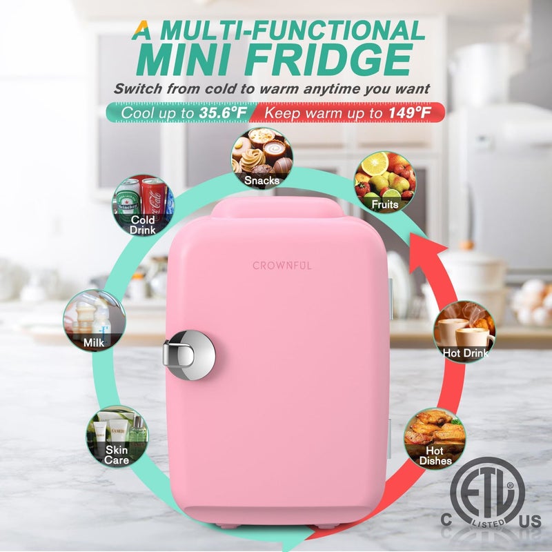 Crownful Mini Fridge, 4 Liter/6 Can Portable Cooler and Warmer Personal Refrigerator for Skin Care, Cosmetics, Beverage, Food,Great for Bedroom, Office, Car, Dorm, ETL Listed (Pink) - Image 3