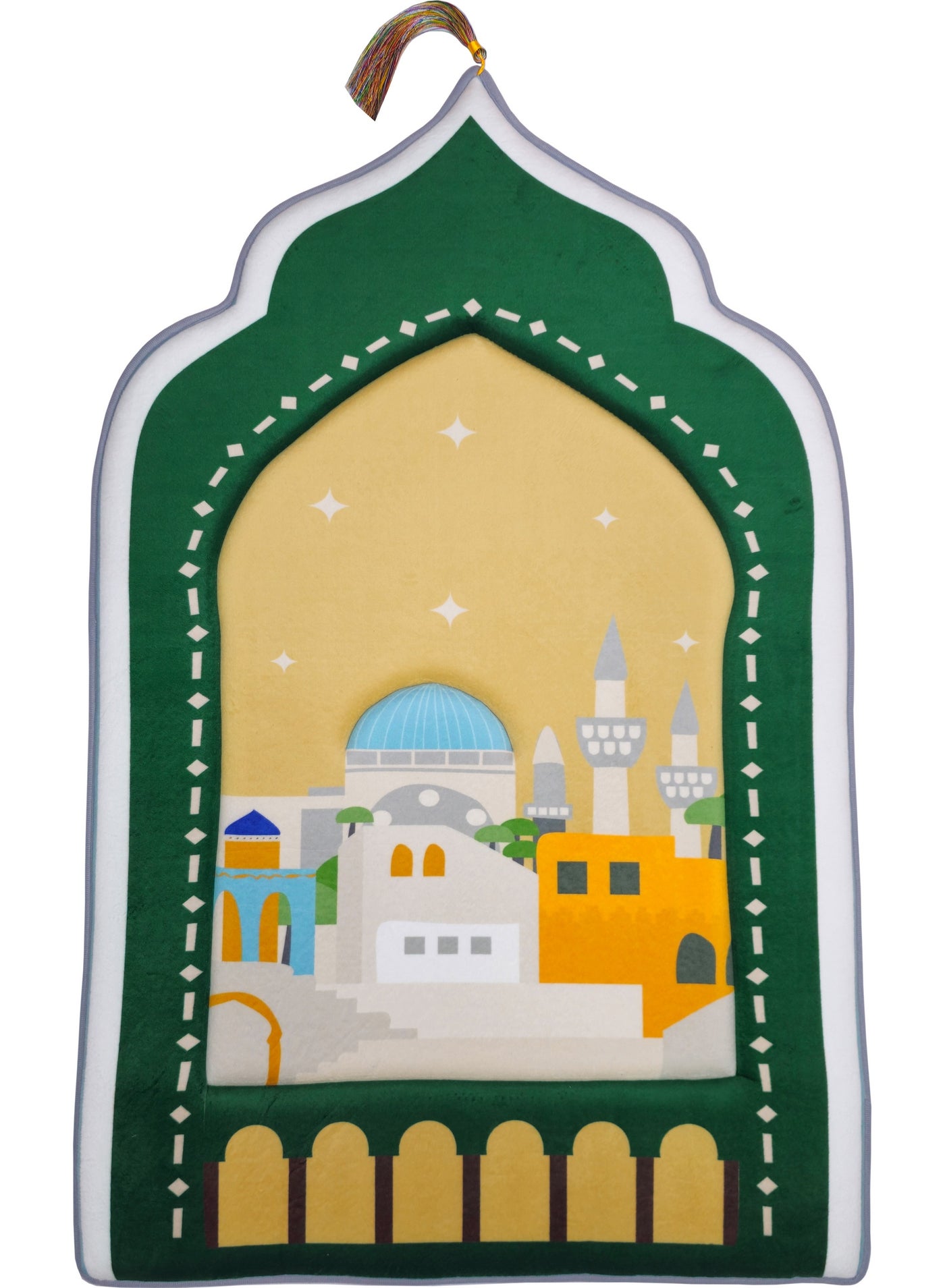 Kids Prayer Mat 60x95cm Memory Foam Prayer Mat for Kids Dome Style with Colorful 3D Design and Tassel Nonslip Lightweight Salah Mat for Kids Gift Mat Green/Beige