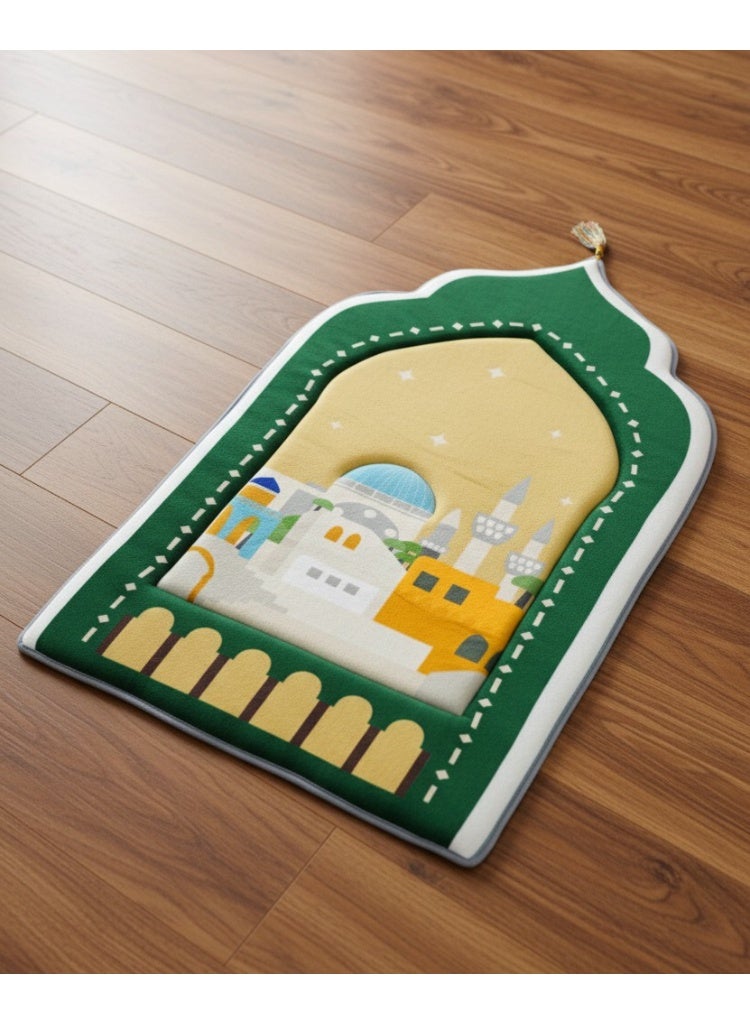 فابينني سجادة صلاة للأطفال 60×95 سم، سجادة صلاة من إسفنج الذاكرة للأطفال على شكل قبة بتصميم ثلاثي الأبعاد ملون وشرابة، سجادة صلاة خفيفة الوزن غير قابلة للانزلاق للأطفال، سجادة هدايا، أخضر/بيج - Image 2