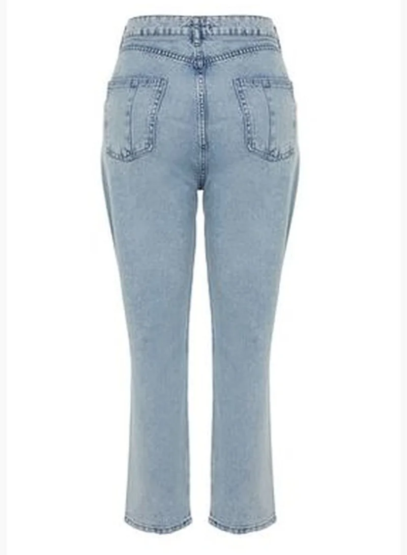trendyol Light Blue High Waist Destroy Detailed Mom Fit Jeans