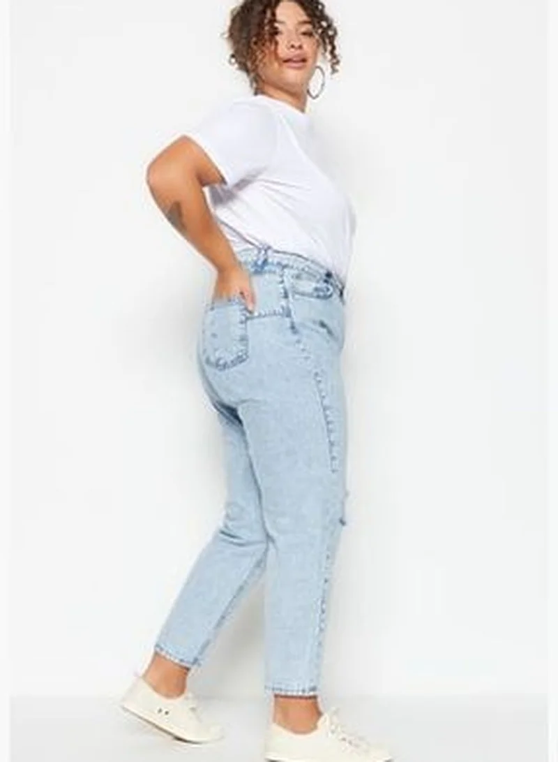 trendyol Light Blue High Waist Destroy Detailed Mom Fit Jeans