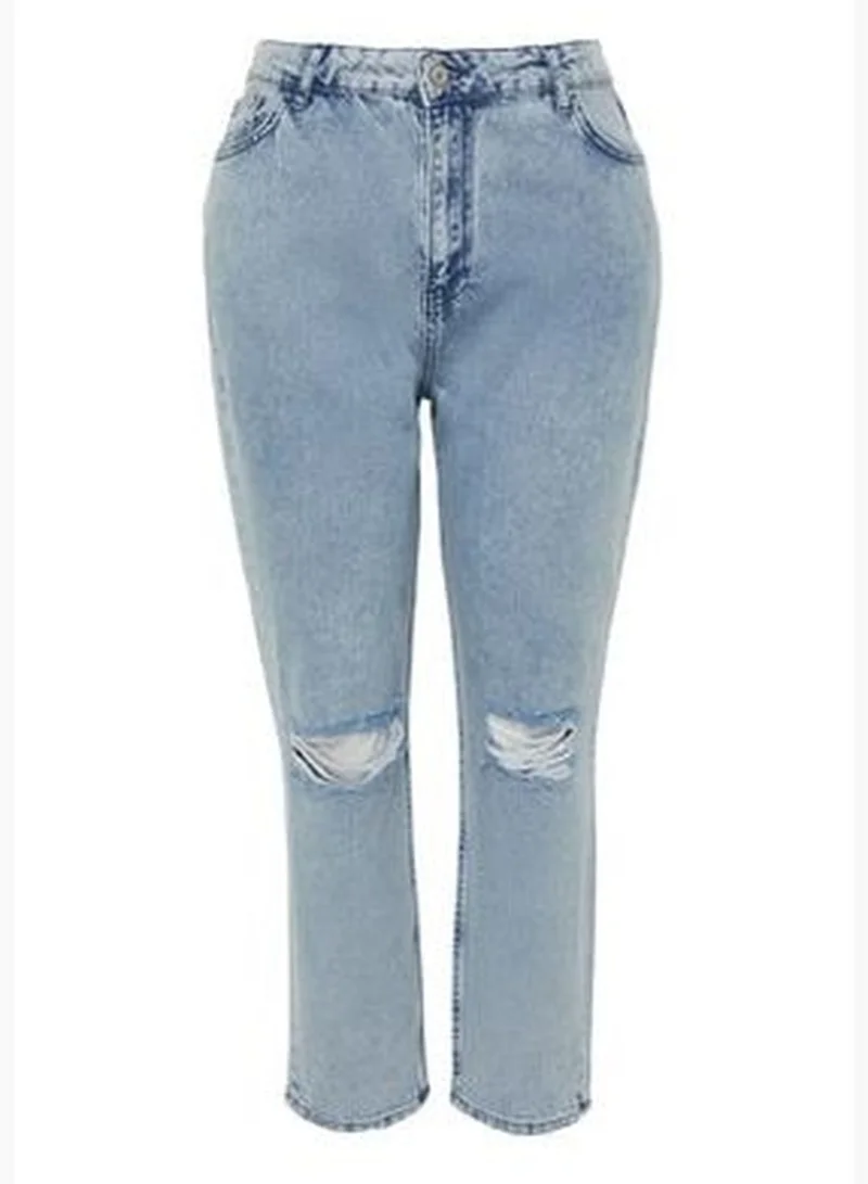 trendyol Light Blue High Waist Destroy Detailed Mom Fit Jeans