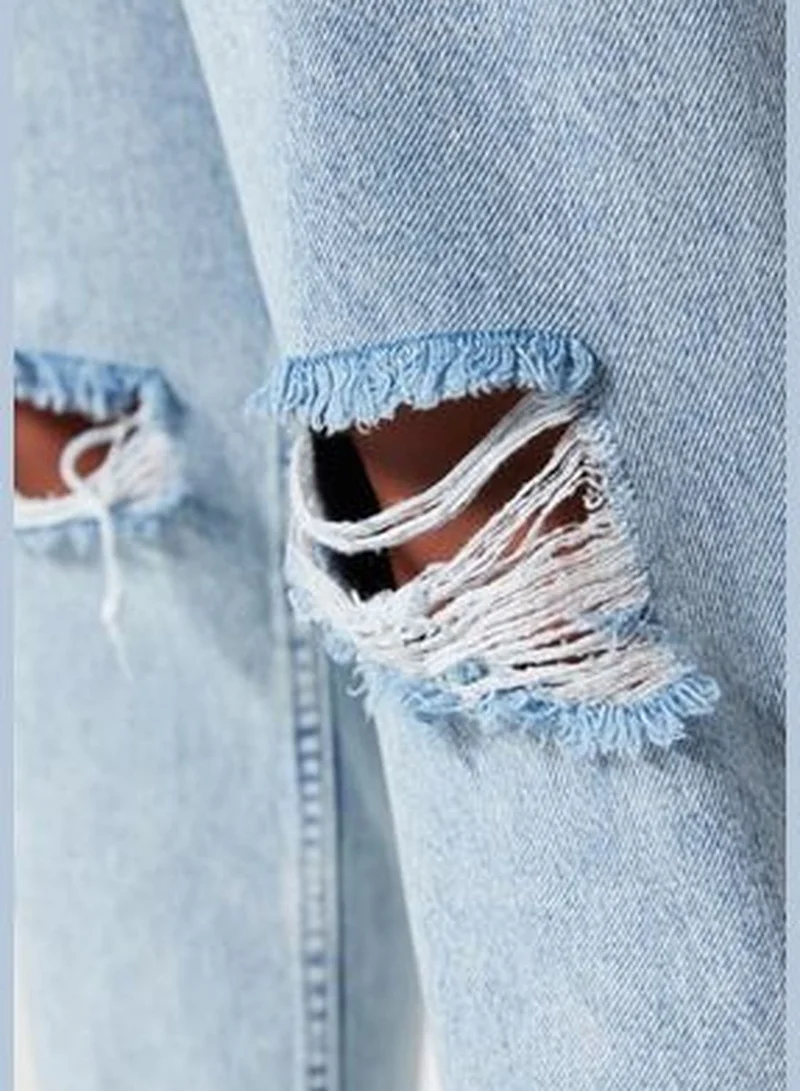 trendyol Light Blue High Waist Destroy Detailed Mom Fit Jeans