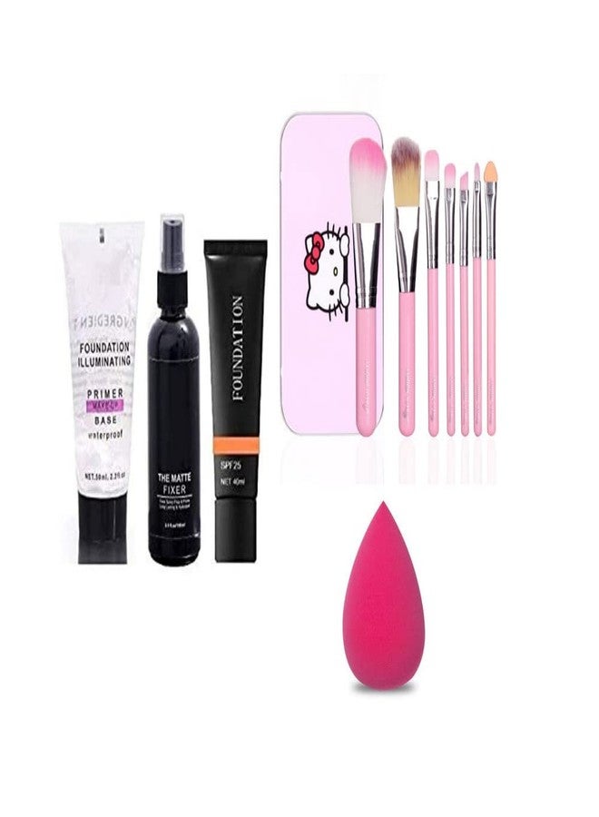 Glowhouse 7 Pcs pink color hello kitty makeup brush set,Makeup primer,Makeup fixer,foundation,1 Makeup sponges Makeup Combo (Set of 5) - Image 1