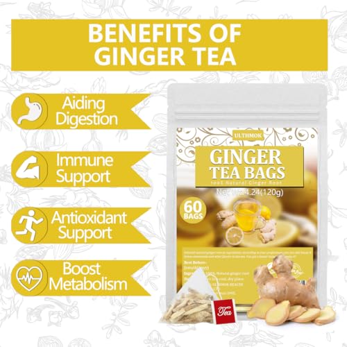 ULTHMOK 60 Premium Ginger Tea Bags, Made with 100% High-Spiciness Ginger Root, Full of Favor & Spicy, Support Digestion & Boost Immunity, No Additives & Caffeine Free. - Image 5