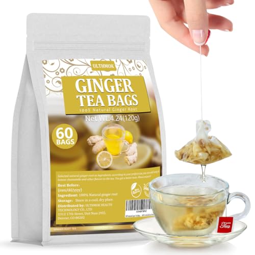 ULTHMOK 60 Premium Ginger Tea Bags, Made with 100% High-Spiciness Ginger Root, Full of Favor & Spicy, Support Digestion & Boost Immunity, No Additives & Caffeine Free. - Image 1