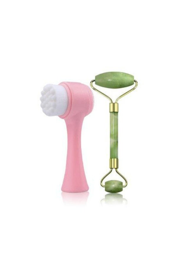 NUDE 2-in-1 Facial Care Set – Dual-Action Manual Cleansing Brush & Natural Jade Roller for Face Lifting, De-puffing, and Sculpting - Image 1