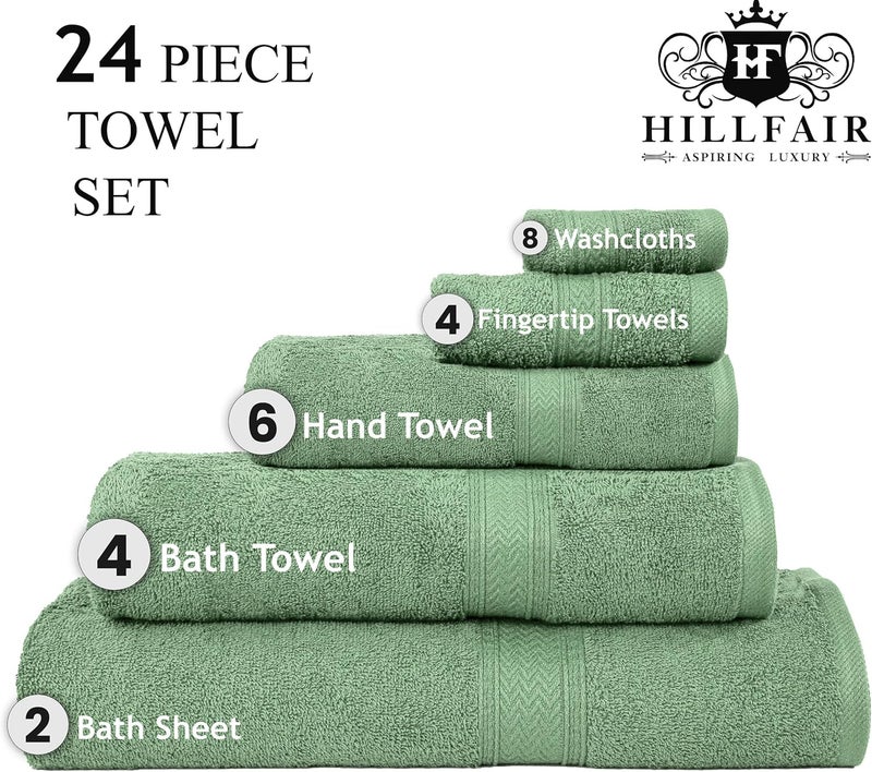 HILLFAIR طقم مناشف استحمام 24 قطعة 100% قطن للحمام - عبوة كبيرة 24 قطعة - مجموعة مناشف فندقية سريعة الجفاف وامتصاص - 2 منشفة XXL كبيرة، 4 مناشف استحمام، 6 مناشف يد، 4 مناشف أصابع، 8 مناشف غسيل: حكيم - Image 2