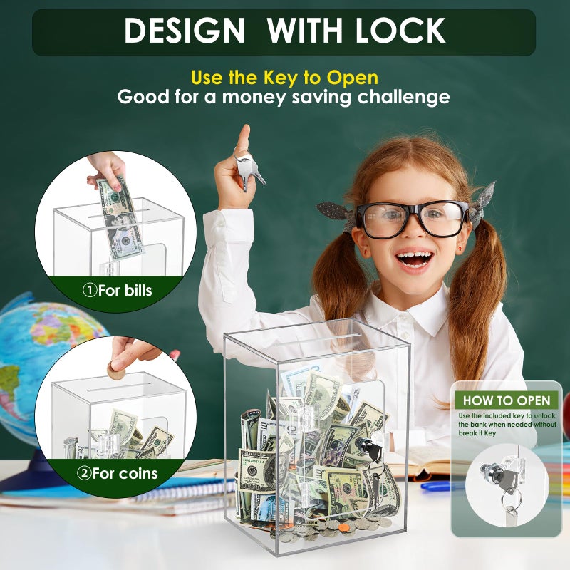 Vcertcpl X-Large Acrylic Clear Piggy Bank with Lock for Adults and Kids, Money Saving Box, Openable Coin Bank, Change Jar - Image 3