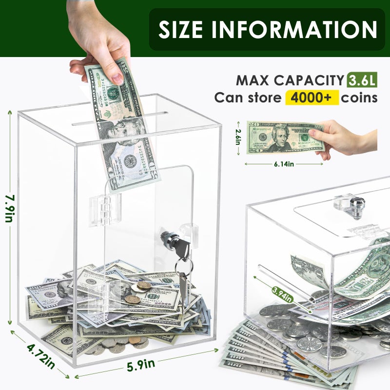 Vcertcpl X-Large Acrylic Clear Piggy Bank with Lock for Adults and Kids, Money Saving Box, Openable Coin Bank, Change Jar - Image 4